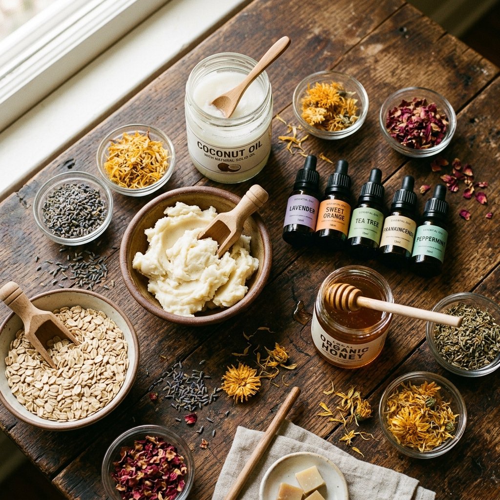 Organic soap ingredients on marble surface