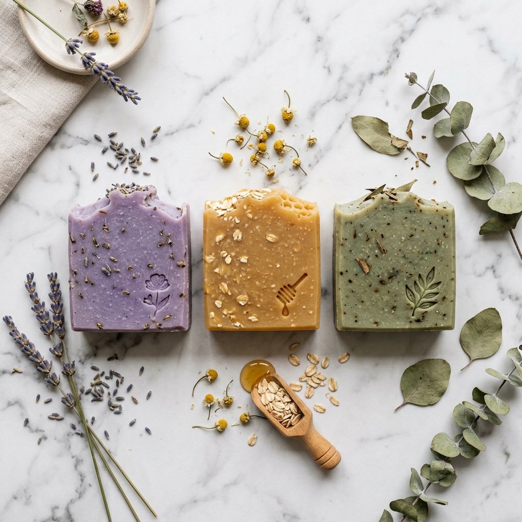 Collection of handmade organic soap bars on natural linen